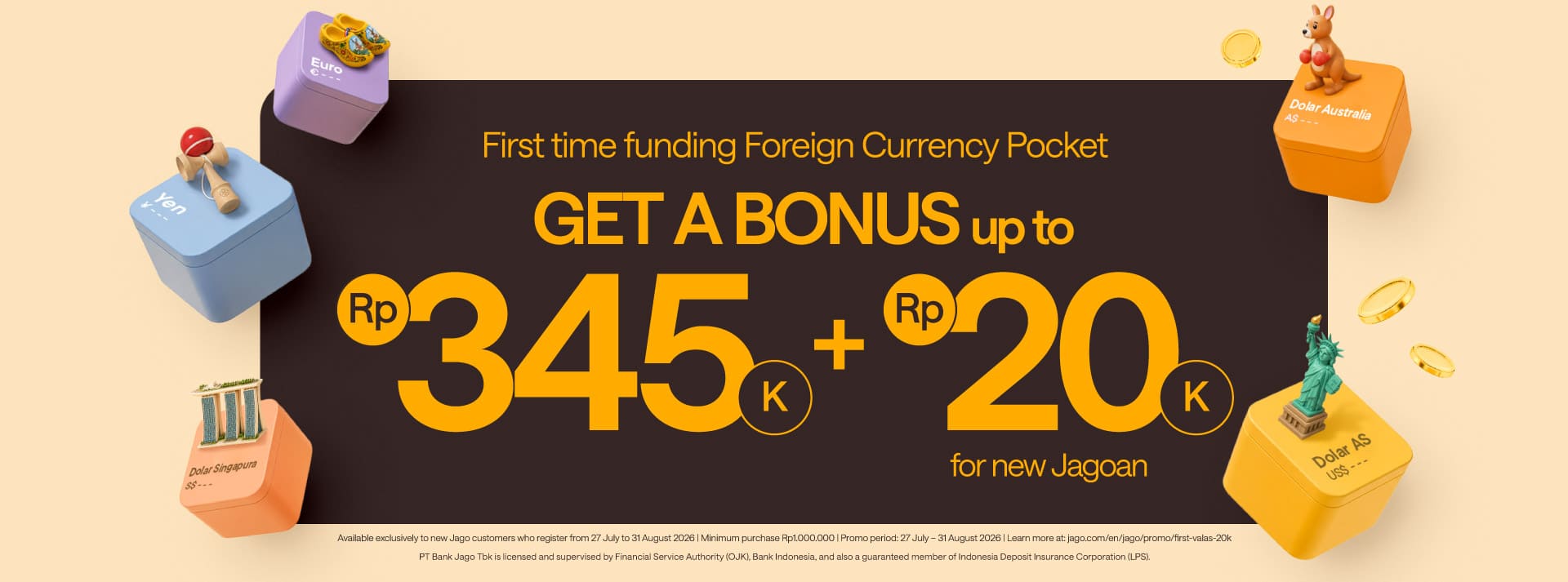 Limited to the first 1000 users! Get 0.2% cashback + extra Rp20,000 on your first foreign currency purchase.