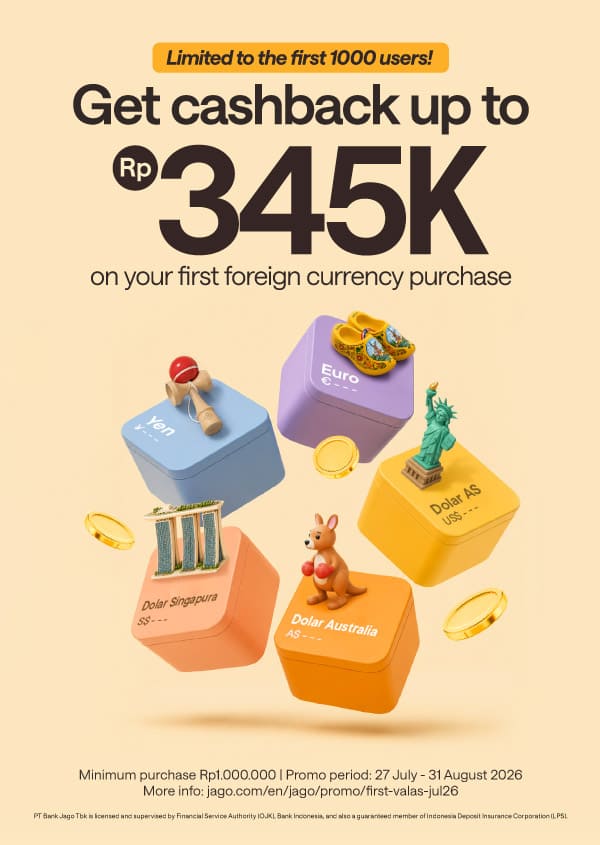 Limited to the first 1000 users! Get 0.2% cashback + extra Rp20,000 on your first foreign currency purchase.