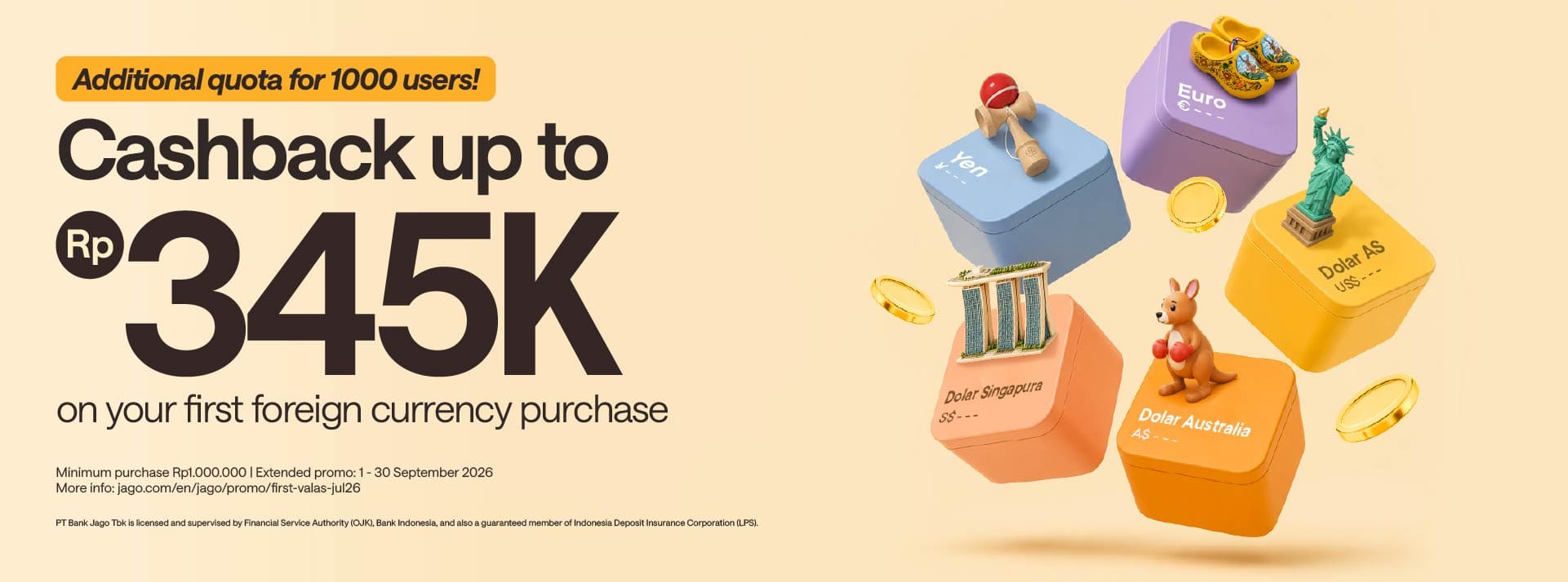 Limited to the first 1000 users! Get 0.2% cashback + extra Rp20,000 on your first foreign currency purchase.