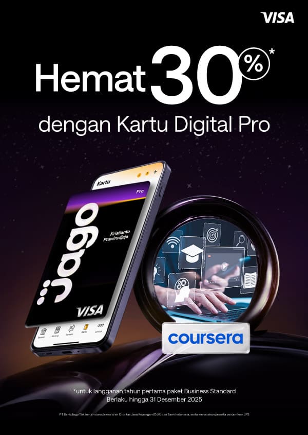 Hemat 30% untuk tahun pertama langganan Coursera Plus dengan Kartu Digital Jago Pro