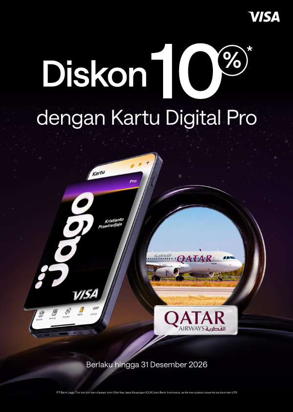 Diskon hingga 10% untuk tiket penerbangan saat membayar dengan Kartu Digital Jago Pro