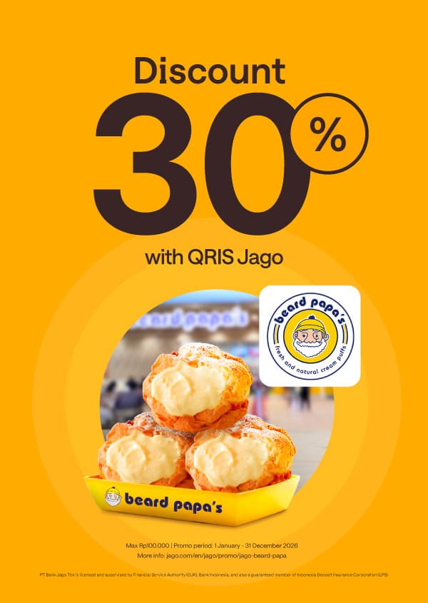 Get 30% discount worth Rp 30,000 with payments using QRIS on the Jago App.