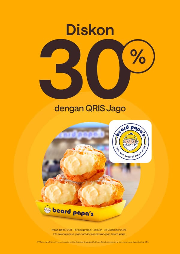 Diskon 30% maksimal senilai Rp 30.000 dengan pembayaran menggunakan QRIS pada Aplikasi Jago.