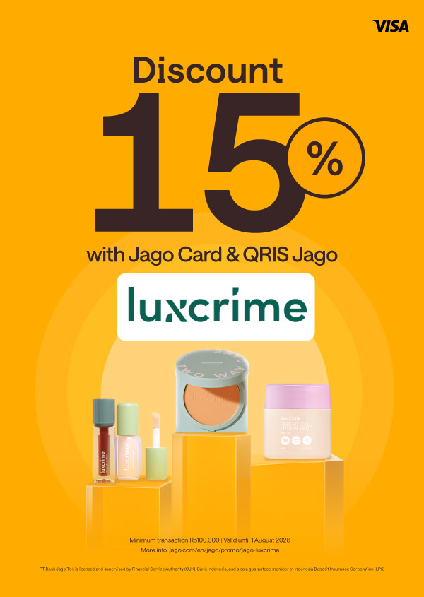 Get discount up to 40K! on Luxcrime products purchases using Jago QRIS and Jago Visa Debit Cards.