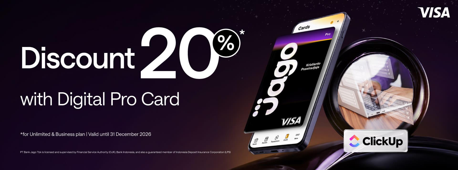 20% discount for 1 year on Unlimited and Business plans when using a Jago Pro Digital Card
