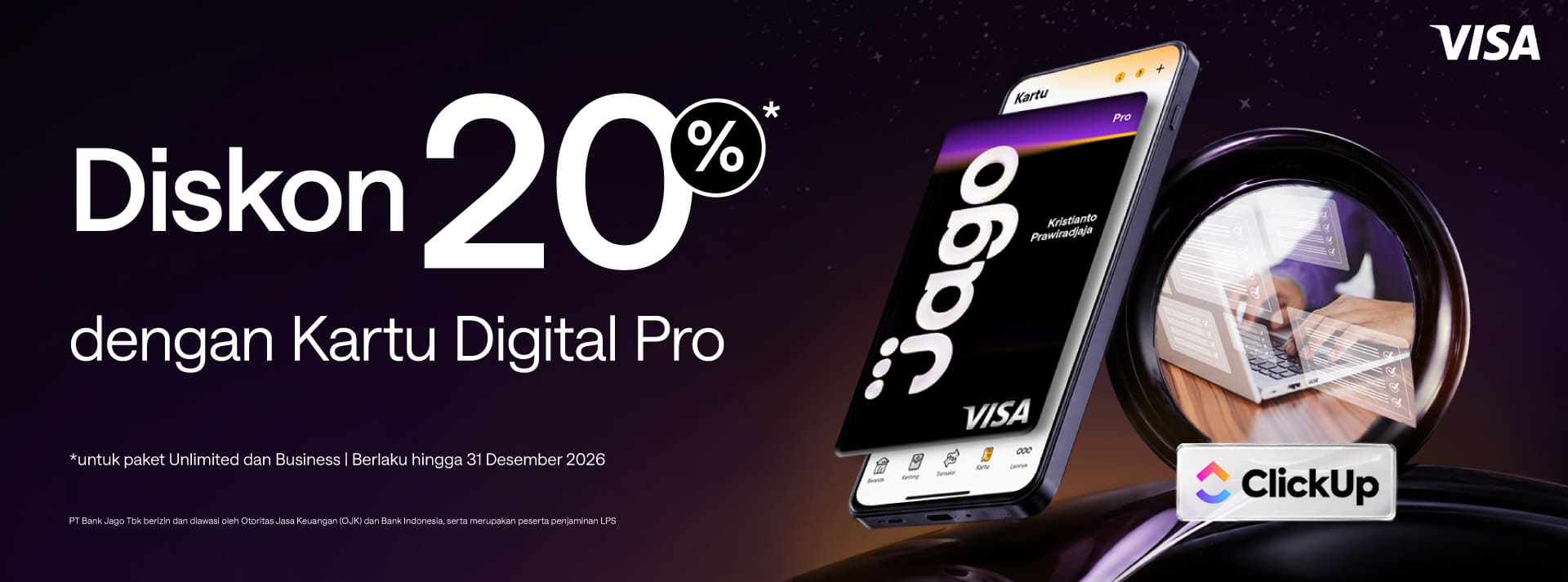 Diskon 20% selama 1 tahun untuk paket Unlimited dan Business dengan menggunakan Kartu Digital Jago Pro