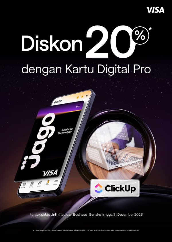 Diskon 20% selama 1 tahun untuk paket Unlimited dan Business dengan menggunakan Kartu Digital Jago Pro