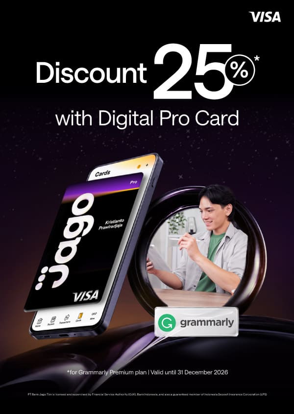 25% discount on Grammarly Premium plans when using a Jago Pro Digital Card