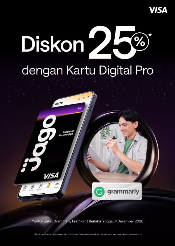 Diskon 25% untuk paket Grammarly Premium dengan menggunakan Kartu Digital Jago Pro