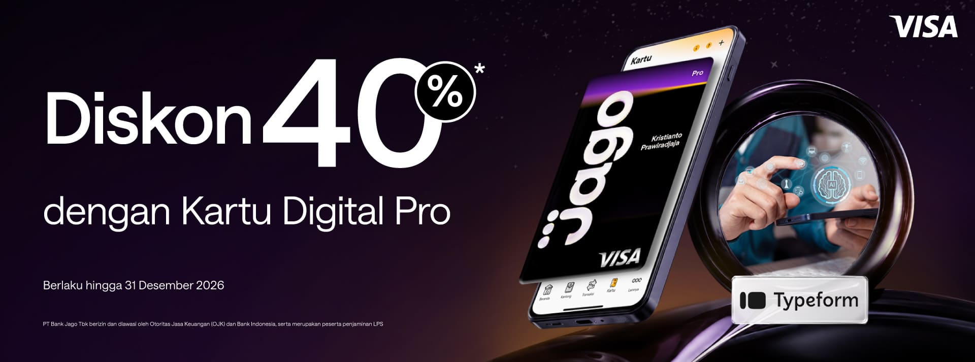 Diskon 40% untuk paket Typeform dengan menggunakan Kartu Digital Jago Pro
