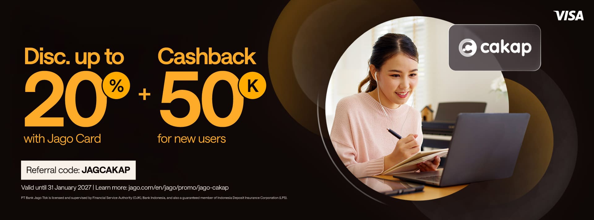 Get up to 20% off Cakap language courses with Jago Visa Debit Card + Rp50,000 cashback for new Jago customers!