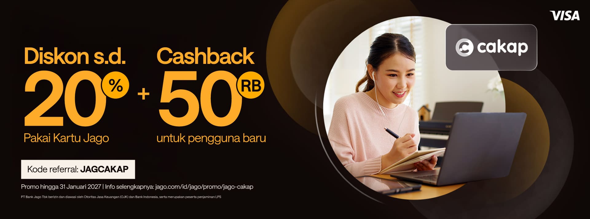 Diskon hingga 20% kursus bahasa di Cakap dengan Kartu Debit Visa Jago + cashback Rp50.000 untuk nasabah baru Jago!