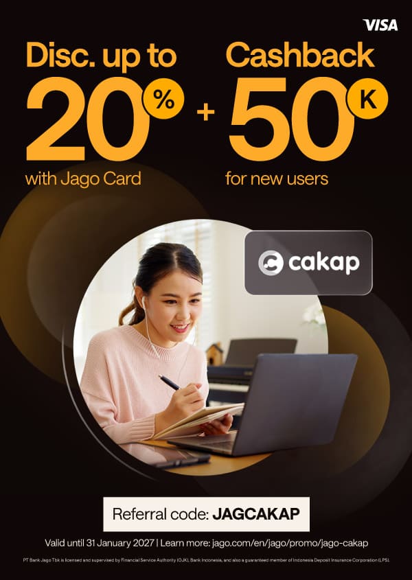 Get up to 20% off Cakap language courses with Jago Visa Debit Card + Rp50,000 cashback for new Jago customers!