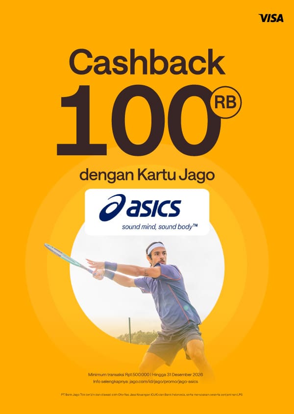 Belanja di Asics, Cashback 100RB pake Kartu Debit Jago Visa!