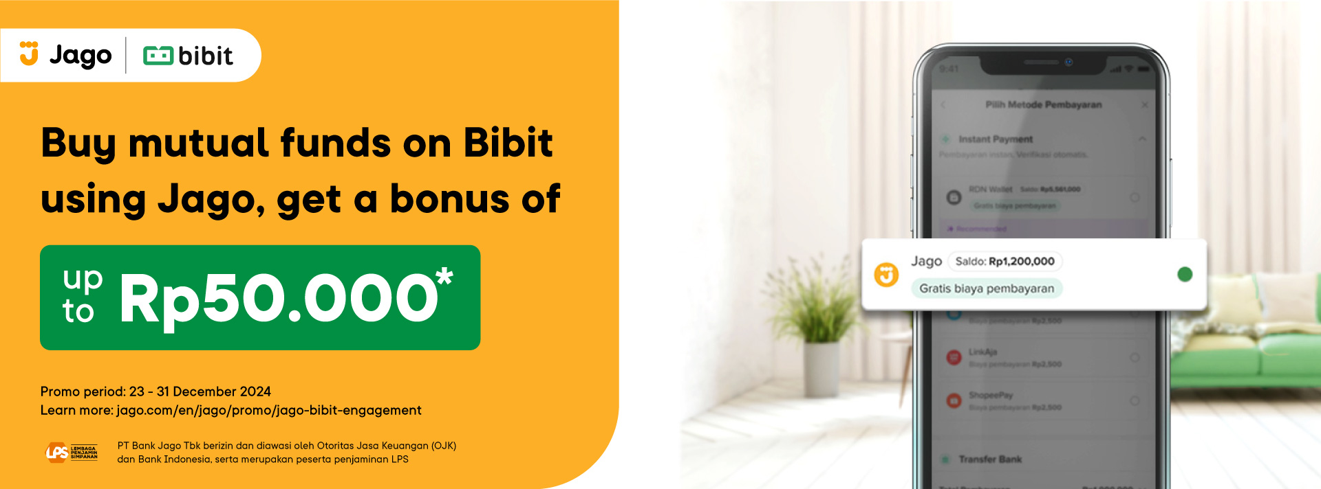 Buy mutual funds on Bibit using Jago Syariah, get a bonus of up to Rp50.000
