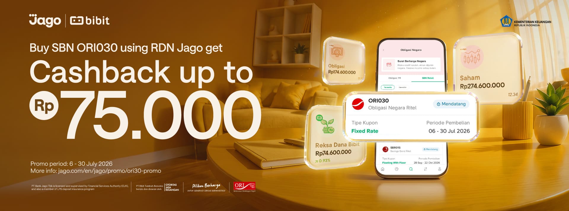 Buy SBN ORI030 on Bibit using RDN Jago get cashback up to Rp75,000