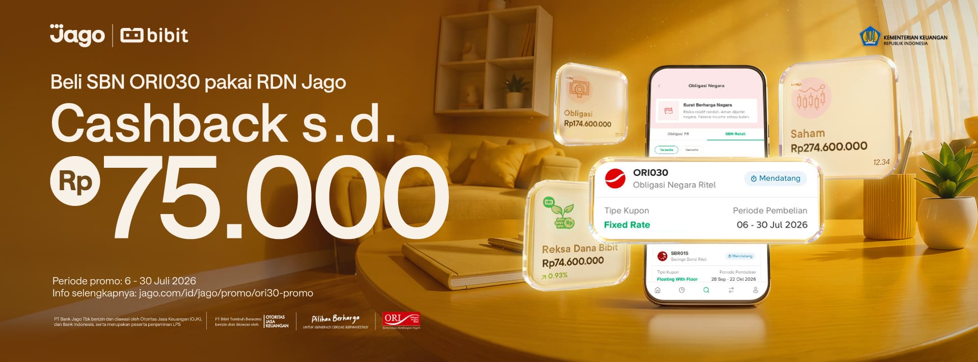 Beli SBN ORI030 di Bibit pakai RDN Jago dapat cashback s.d. Rp75.000