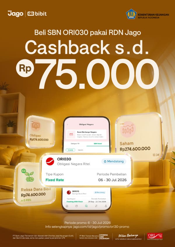 Beli SBN ORI030 di Bibit pakai RDN Jago dapat cashback s.d. Rp75.000