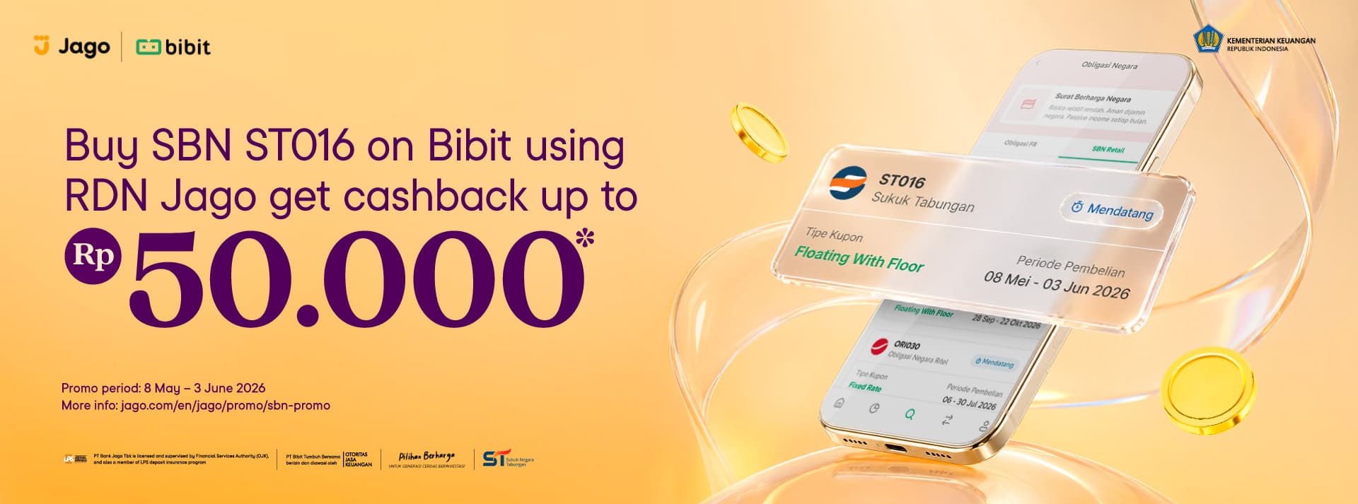 Buy SBN ST016 on Bibit using RDN Jago get cashback up to Rp50,000