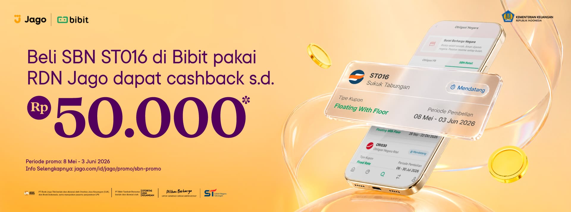 Beli SBN ST016 di Bibit pakai RDN Jago dapat cashback s.d. Rp50.000
