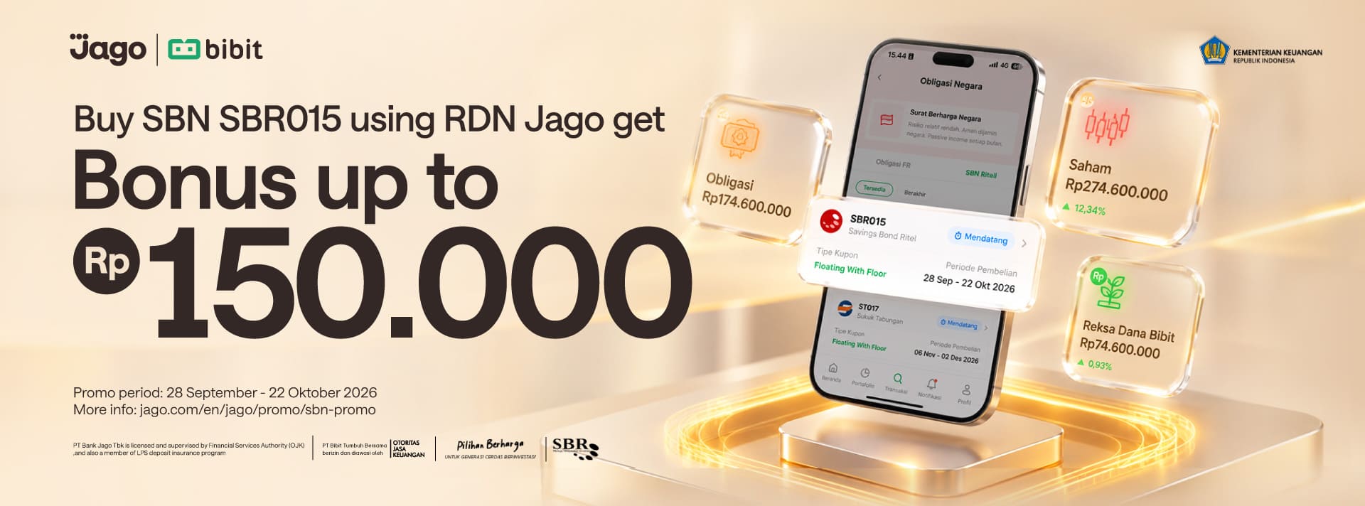 Buy SBN SBR015 on Bibit using RDN Jago get cashback up to Rp150.000