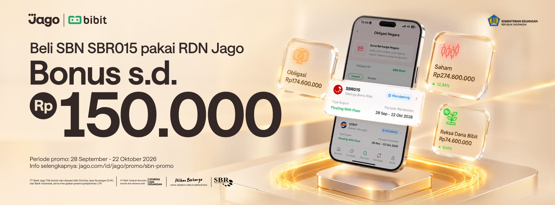 Beli SBN SBR015 di Bibit pakai RDN Jago dapat cashback s.d. Rp150.000