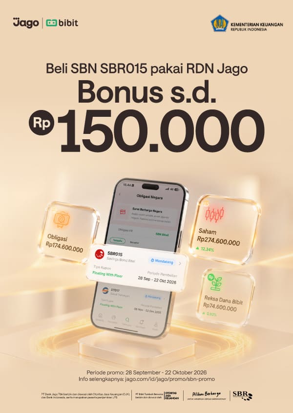 Beli SBN SBR015 di Bibit pakai RDN Jago dapat cashback s.d. Rp150.000