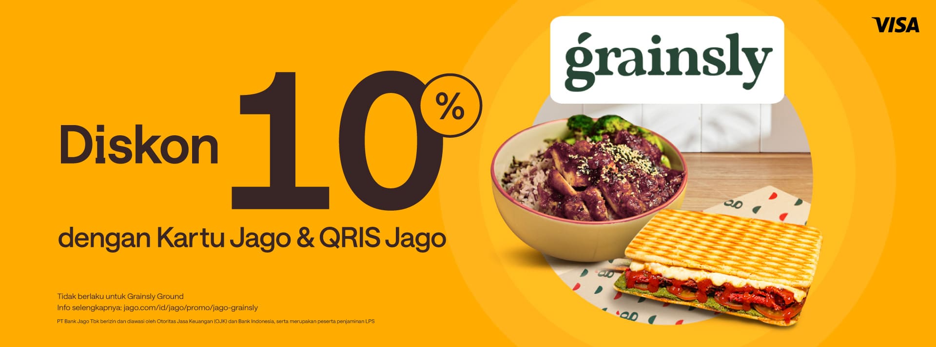 Dapatkan diskon 10% menggunakan Jago sebagai pembayaran di semua outlet Grainsly kecuali Grainsly Ground