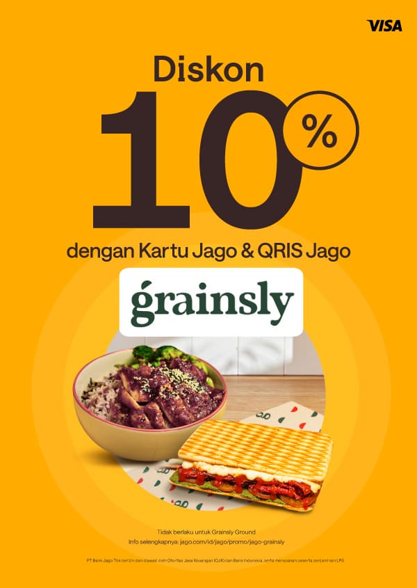Dapatkan diskon 10% menggunakan Jago sebagai pembayaran di semua outlet Grainsly kecuali Grainsly Ground