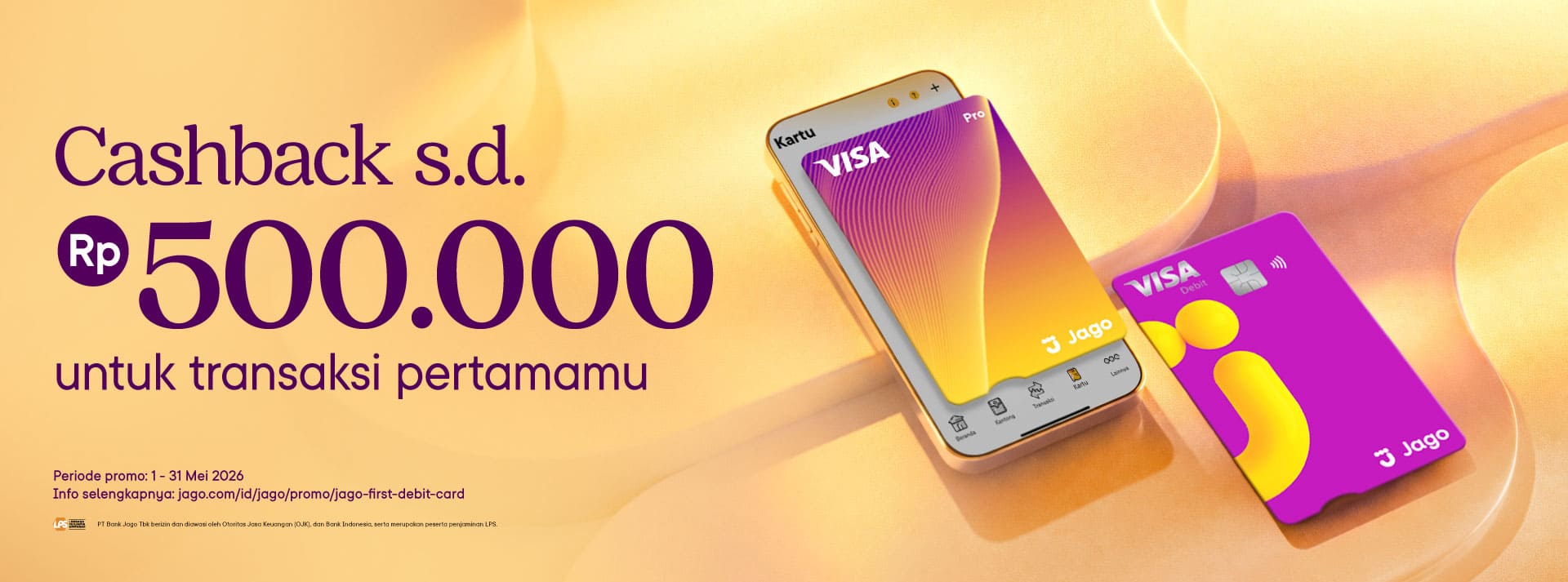 Bonus Rp1.000 untuk transaksi menggunakan kartu debit Jago Visa minimum transaksi Rp200.000 dan berlaku untuk kelipatan.