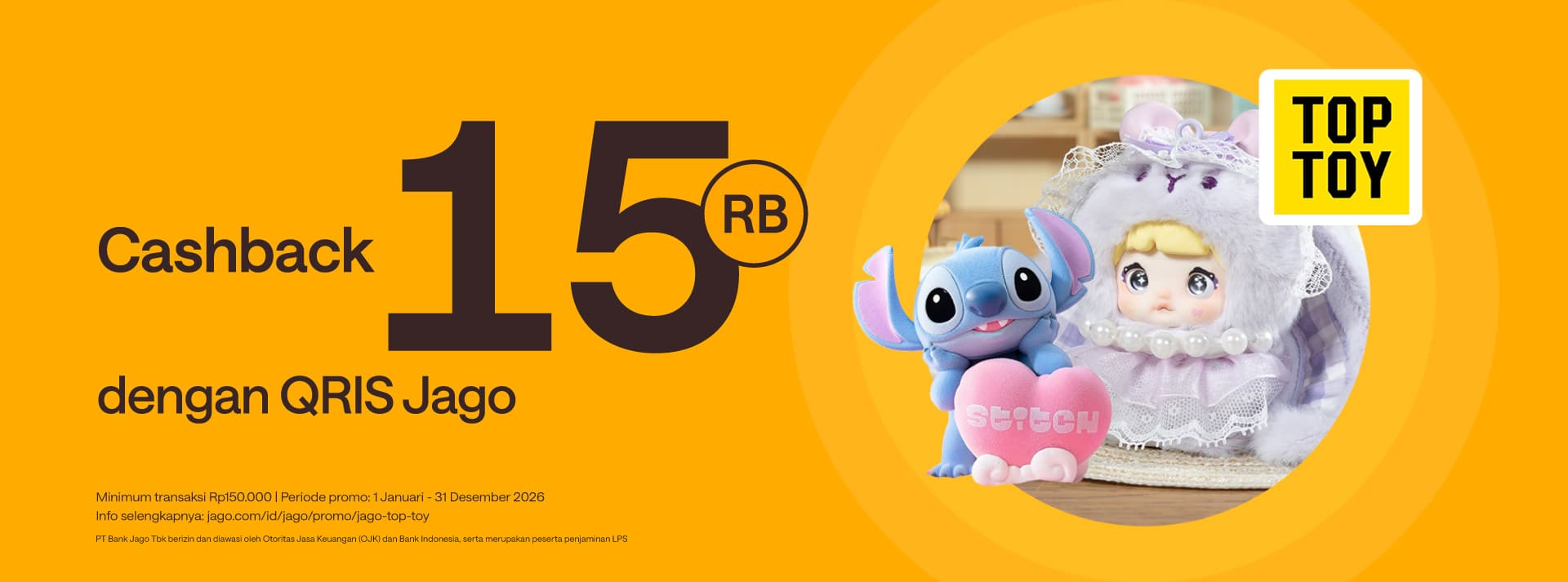 Dapatkan bonus Rp15.000 saat belanja di Top Toy (min. Rp150.000) dan bayar pake QRIS Jago