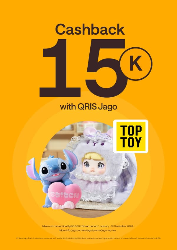 Enjoy Rp15.000 bonus when you shop at Top Toy (min. Rp150.000) and pay using QRIS Jago