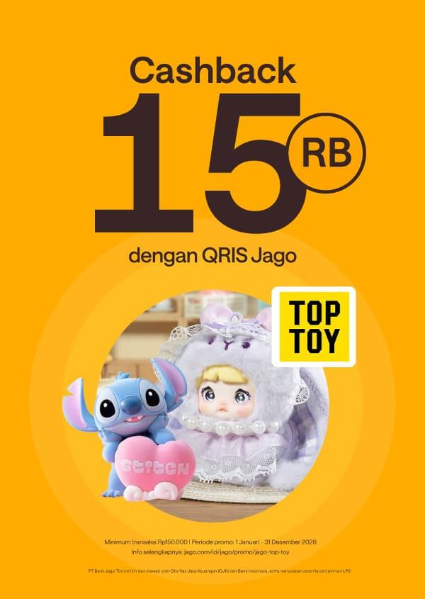 Dapatkan bonus Rp15.000 saat belanja di Top Toy (min. Rp150.000) dan bayar pake QRIS Jago