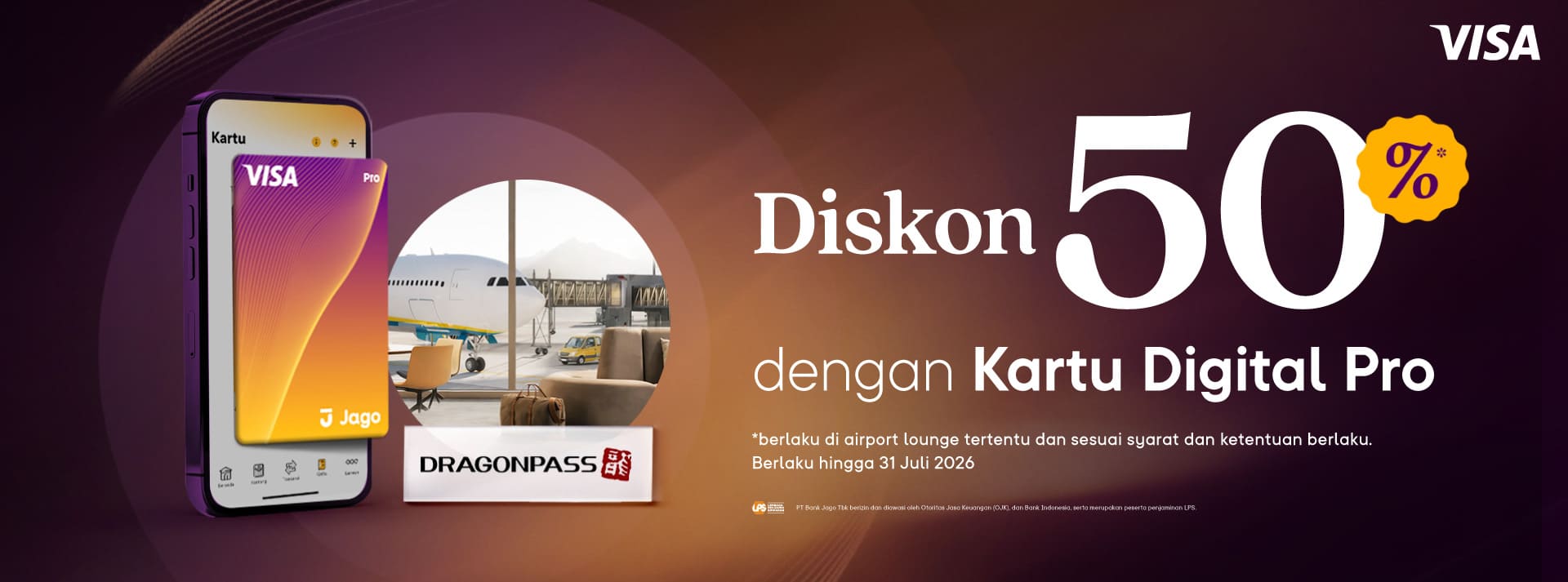 Diskon 50% untuk pemesanan lounge bandara melalui DragonPass menggunakan Kartu Digital Jago Pro