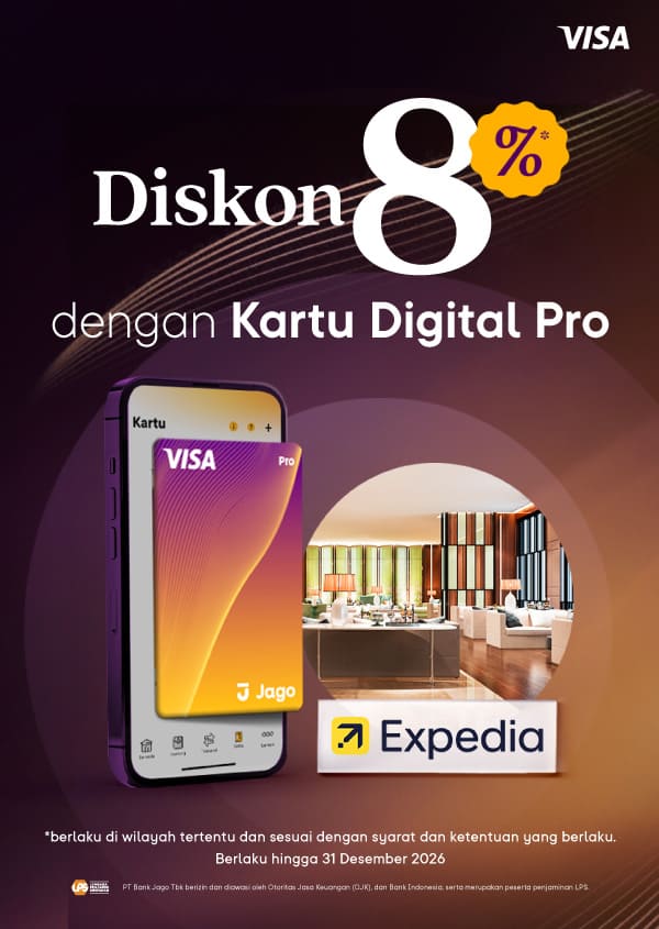 Diskon 8% untuk pemesanan hotel melalui Expedia menggunakan Kartu Digital Jago Pro