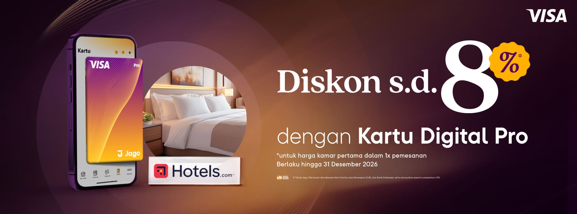 Pengguna akan mendapatkan diskon hingga 8% untuk harga kamar pertama dalam satu kali pemesanan di hotel yang berpartisipasi dengan menggunakan Kartu Digital Jago Pro