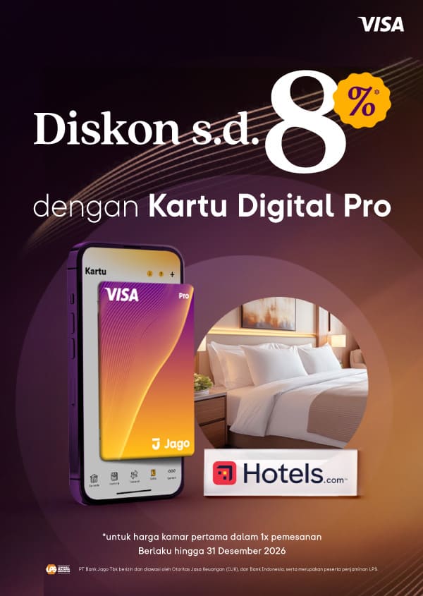 Pengguna akan mendapatkan diskon hingga 8% untuk harga kamar pertama dalam satu kali pemesanan di hotel yang berpartisipasi dengan menggunakan Kartu Digital Jago Pro