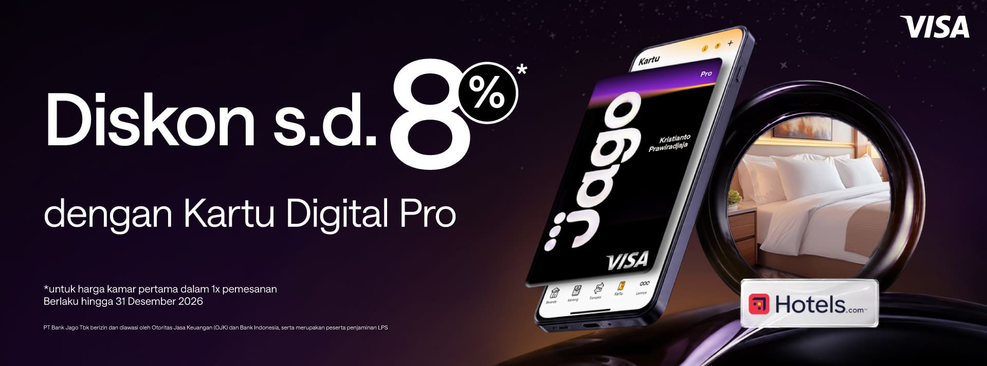 Pengguna akan mendapatkan diskon hingga 8% untuk harga kamar pertama dalam satu kali pemesanan di hotel yang berpartisipasi dengan menggunakan Kartu Digital Jago Pro