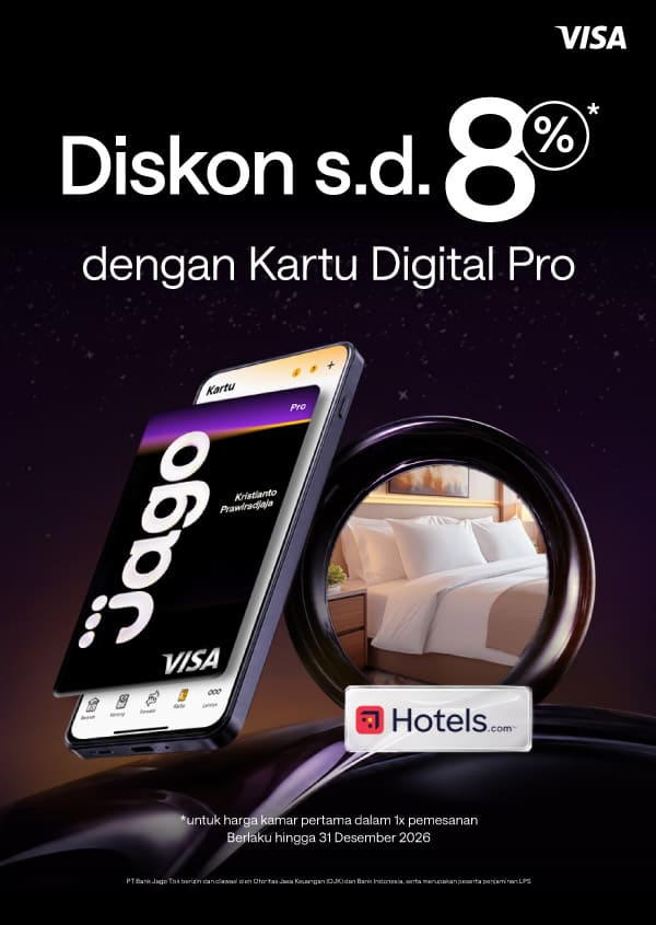 Pengguna akan mendapatkan diskon hingga 8% untuk harga kamar pertama dalam satu kali pemesanan di hotel yang berpartisipasi dengan menggunakan Kartu Digital Jago Pro