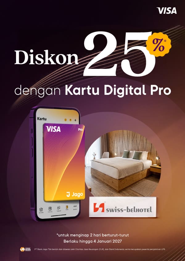 Pengguna berhak mendapatkan diskon 25% dengan ketentuan menginap tepat 2 (dua) malam berturut-turut dan menggunakan Kartu Digital Jago Pro