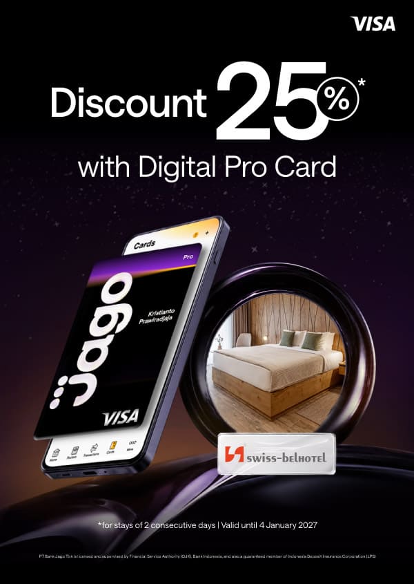 Users are eligible to receive a 25% discount, applicable for stays of exactly two nights stay, when using the Jago Digital Pro Card