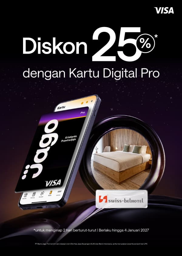 Pengguna berhak mendapatkan diskon 25% dengan ketentuan menginap tepat 2 (dua) malam berturut-turut dan menggunakan Kartu Digital Jago Pro