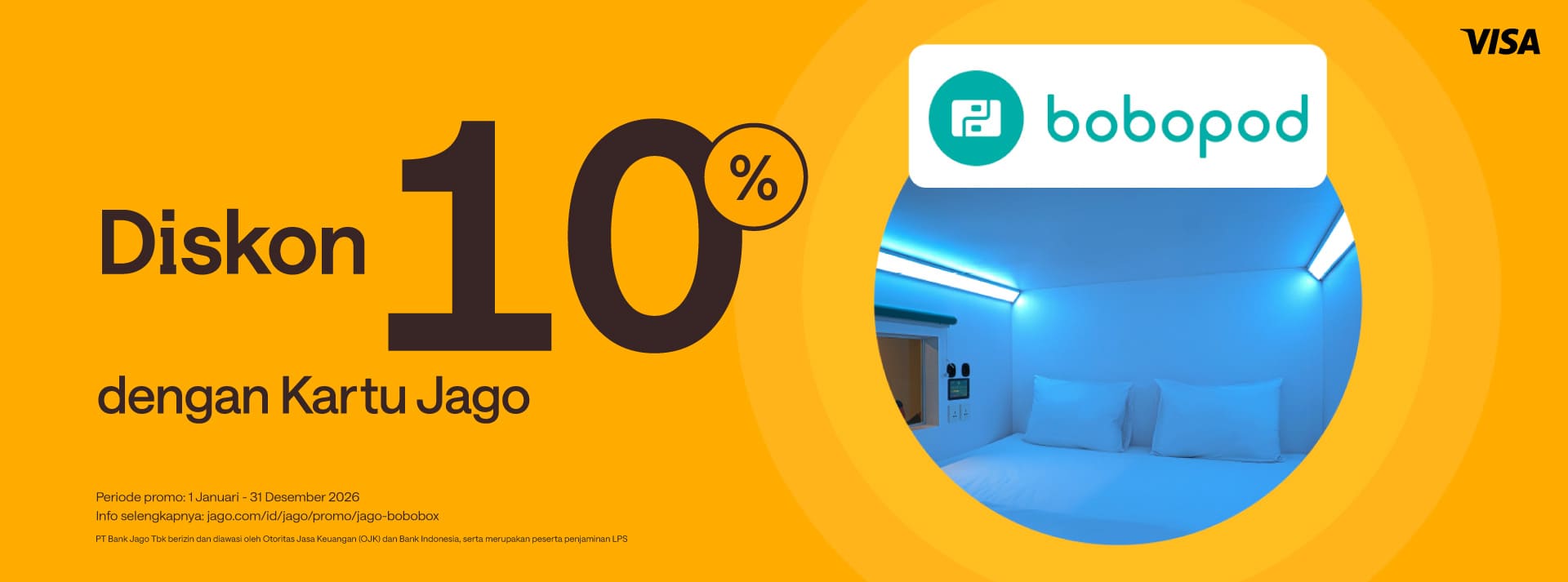 Booking Bobopod by Bobobox dengan pembayaran menggunakan Kartu Jago (Fisik) dapatkan diskon 10% di Bobopod!