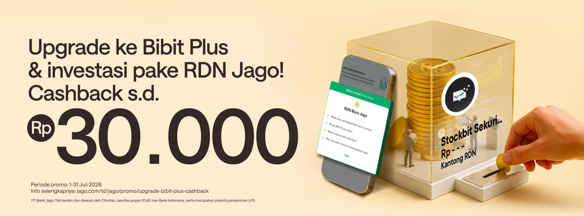Upgrade ke Bibit Plus dan bayar pake RDN Jago dapat cashback Rp10.000*