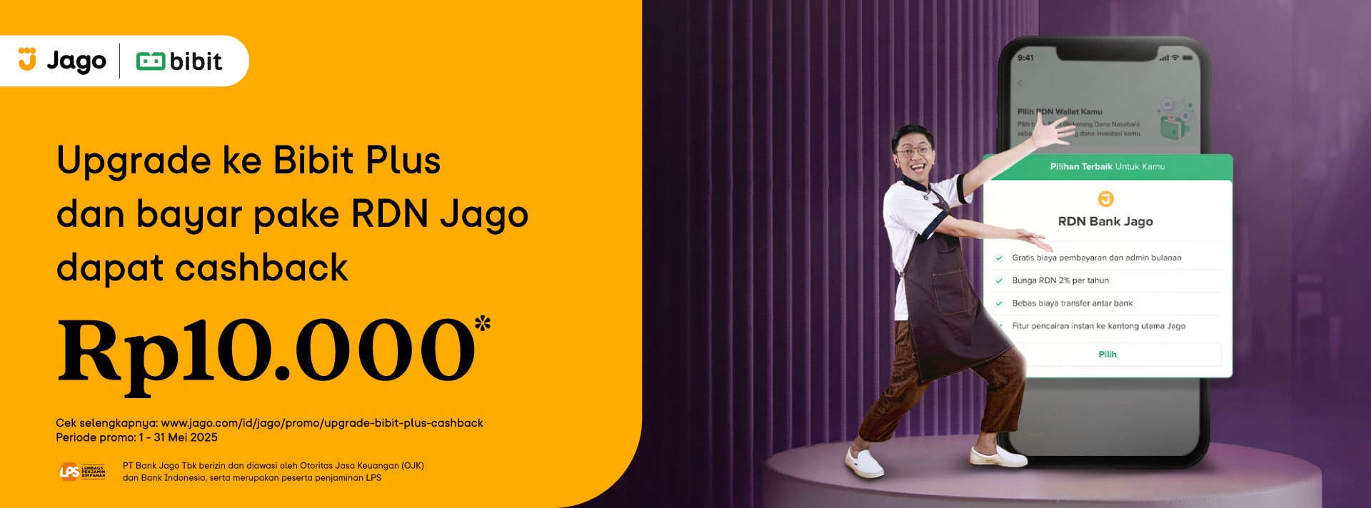 Upgrade ke Bibit Plus dan bayar pake RDN Jago dapat cashback Rp10.000*