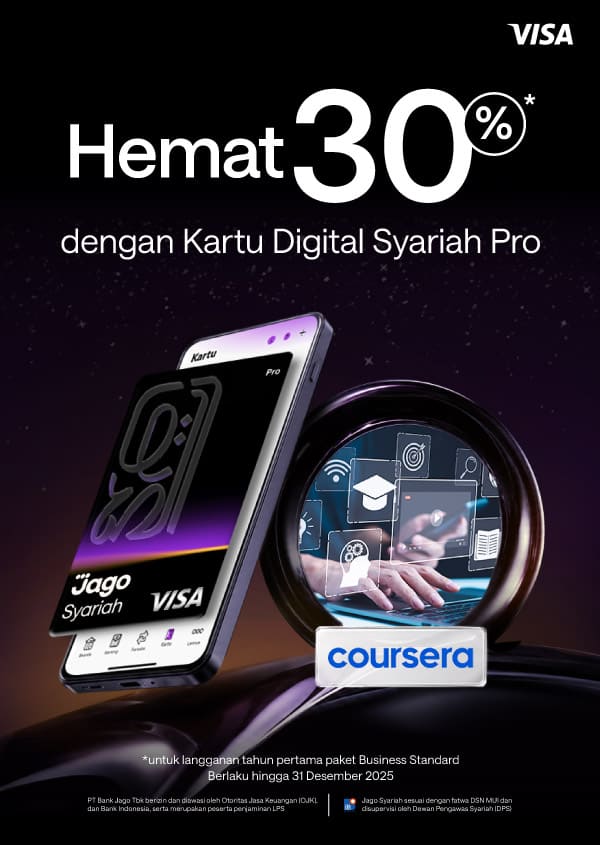 Hemat 30% untuk tahun pertama langganan Coursera Plus dengan Kartu Digital Jago Pro