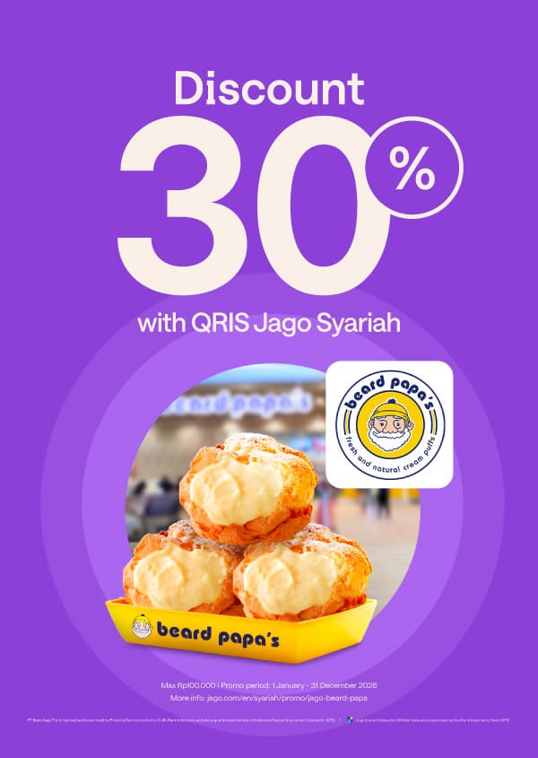 Get 30% discount worth Rp 30,000 with payments using QRIS on the Jago App.