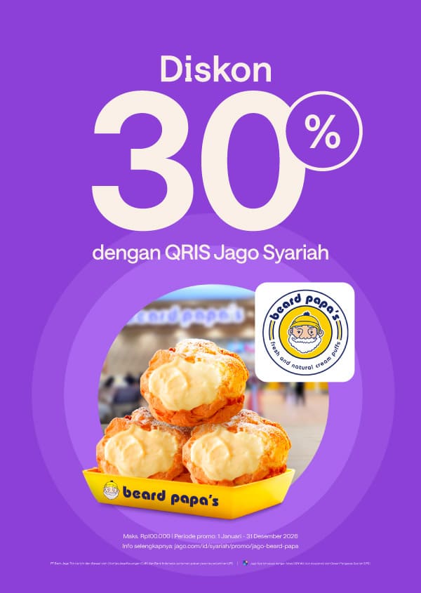 Diskon 30% maksimal senilai Rp 30.000 dengan pembayaran menggunakan QRIS pada Aplikasi Jago.