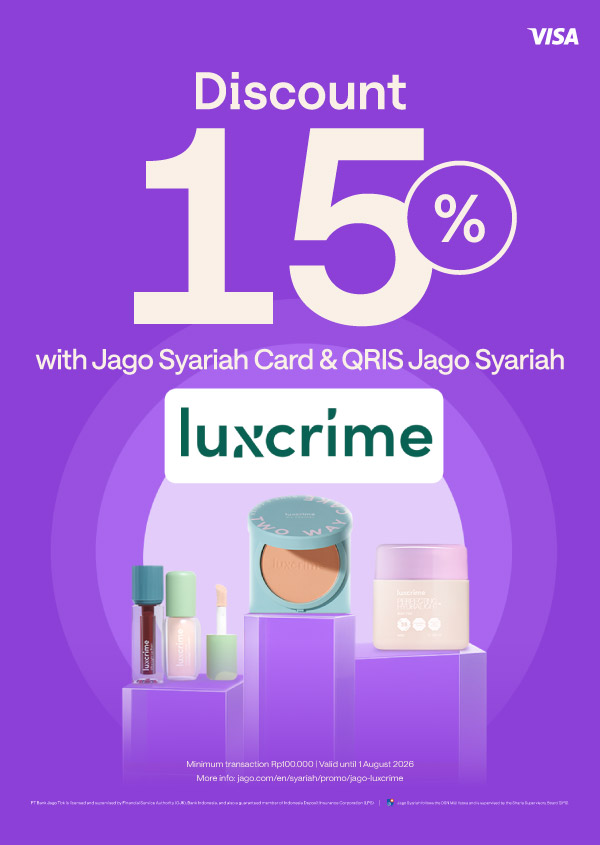 Get discount up to 40K! on Luxcrime products purchases using Jago QRIS and Jago Visa Debit Cards.