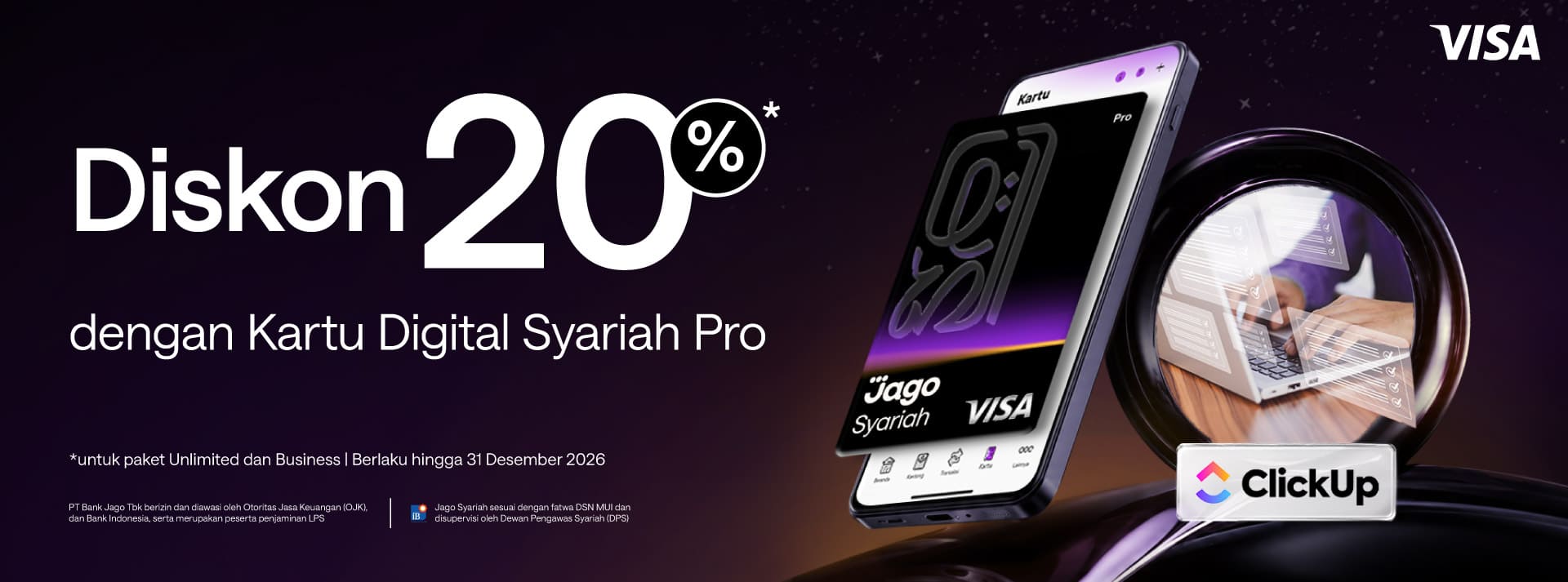 Diskon 20% selama 1 tahun untuk paket Unlimited dan Business dengan menggunakan Kartu Digital Jago Pro